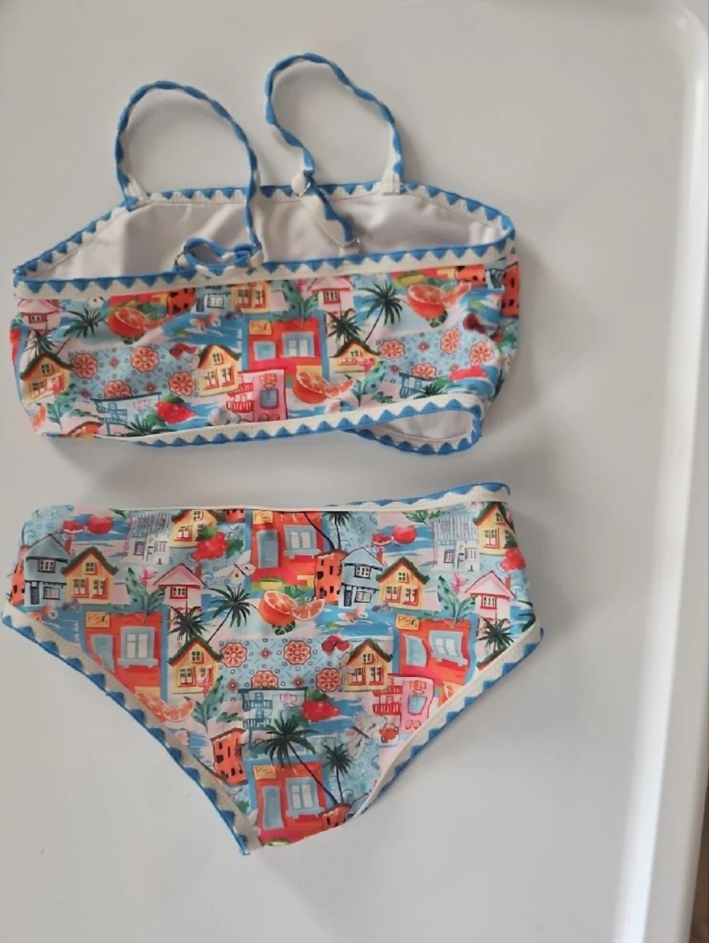 Colorful Coastal Print Bikini Set - Blue Trim